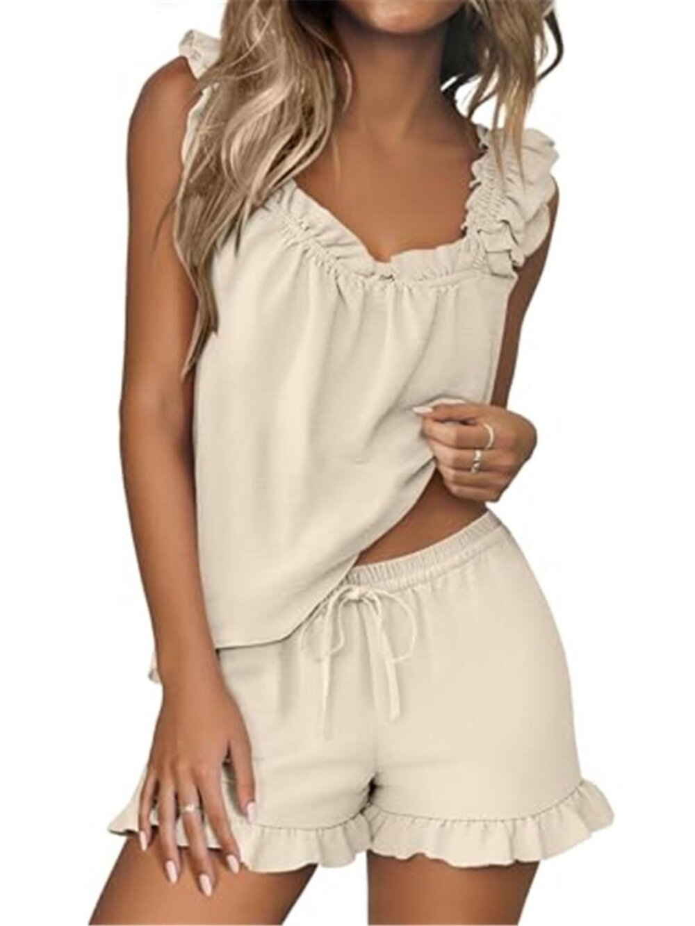 Beige Ruffle Tank & Drawstring Shorts 2-Piece Lounge Set Summer Outfit
